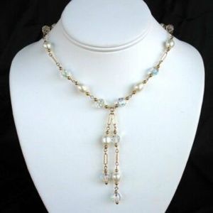 14K GF White FW Pearls & Swarovski CrystalAB Lariat Necklace